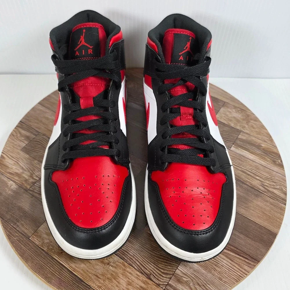 Nike Air Jordan 1 Mid Bred Toe Red/Black/White Leather Sneakers Size 8